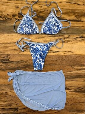 Blue & White Floral Triangle Bikini Set with Light Blue Sarong